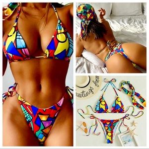 NWT 3Pc Bikini Set Abstract Colorful Geo Print Art Bikini & Sarong/Headband